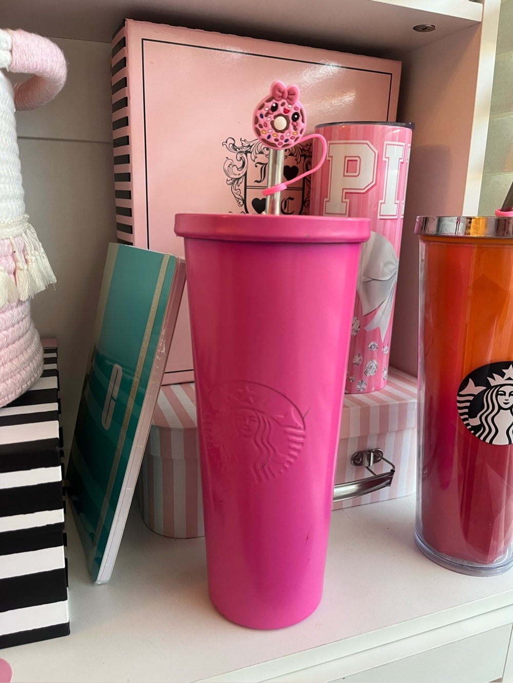 Starbucks Hot Pink Tumbler with Donut Stirrer
